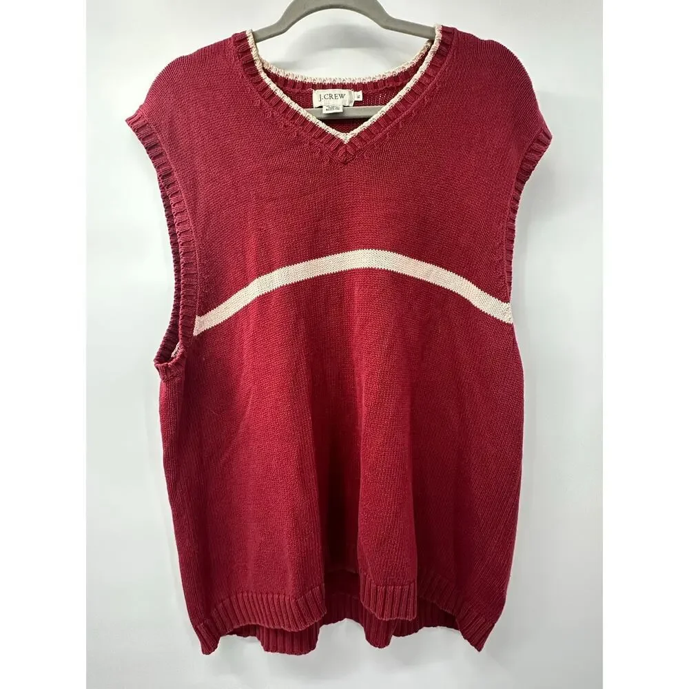 J. Crew Men's Red & White V-Neck Cotton Sweater Vest Size XL‎ Preppy Pullover